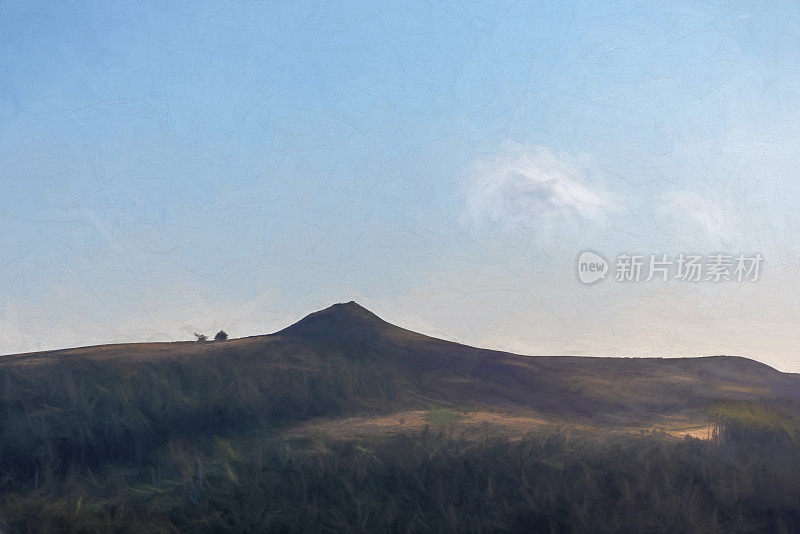 数字绘画的班福德边缘山顶区望向Win Hill与蓝色的天空，蓬松的云，和紫色的石南。